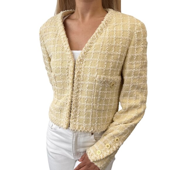 CHANEL Vintage 94P CC Mark Logo Tweed Jacket #38 Yellow White Cotton  [106374] - Picture 2 of 12